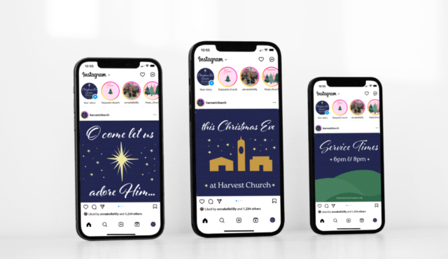 A mockup of three different Christmas Eve graphics for churches on social media feeds.